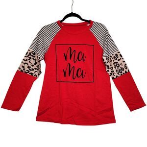 Women's Ma Ma Print Long-Sleeve Raglan Top Red Leopard & Stripes Size Small